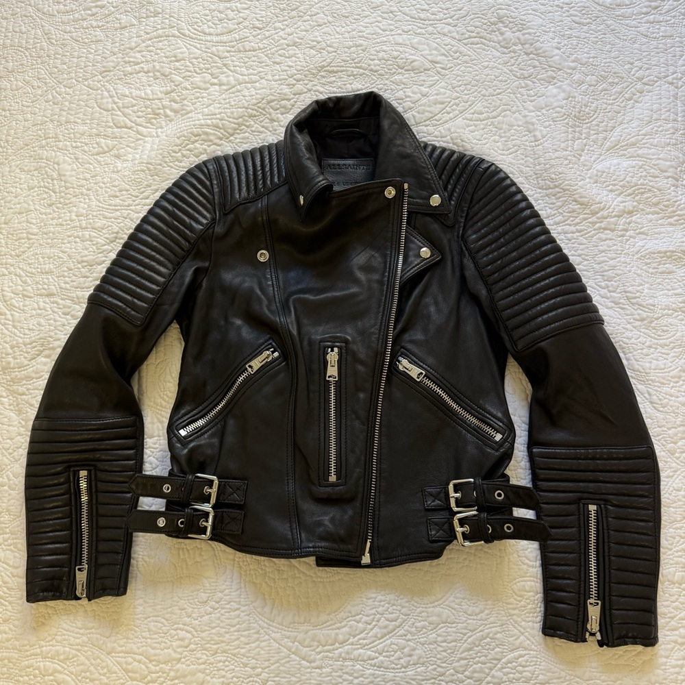 All Saints Black Leather Moto Jacket with Quilted Details